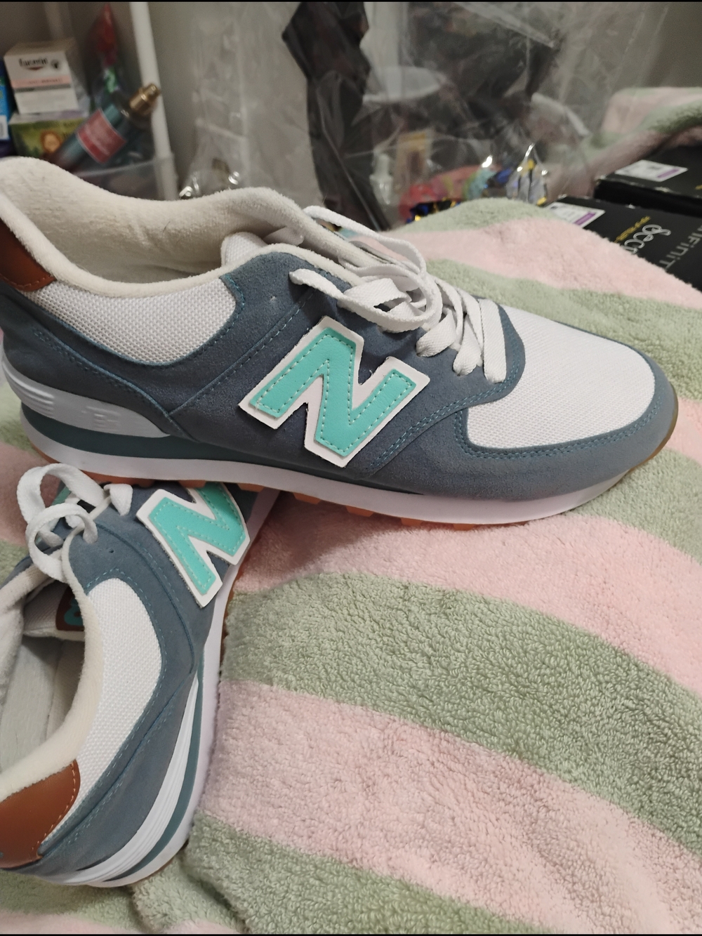 New Balance White, Slate Blue & Mint Green Retro Sneakers